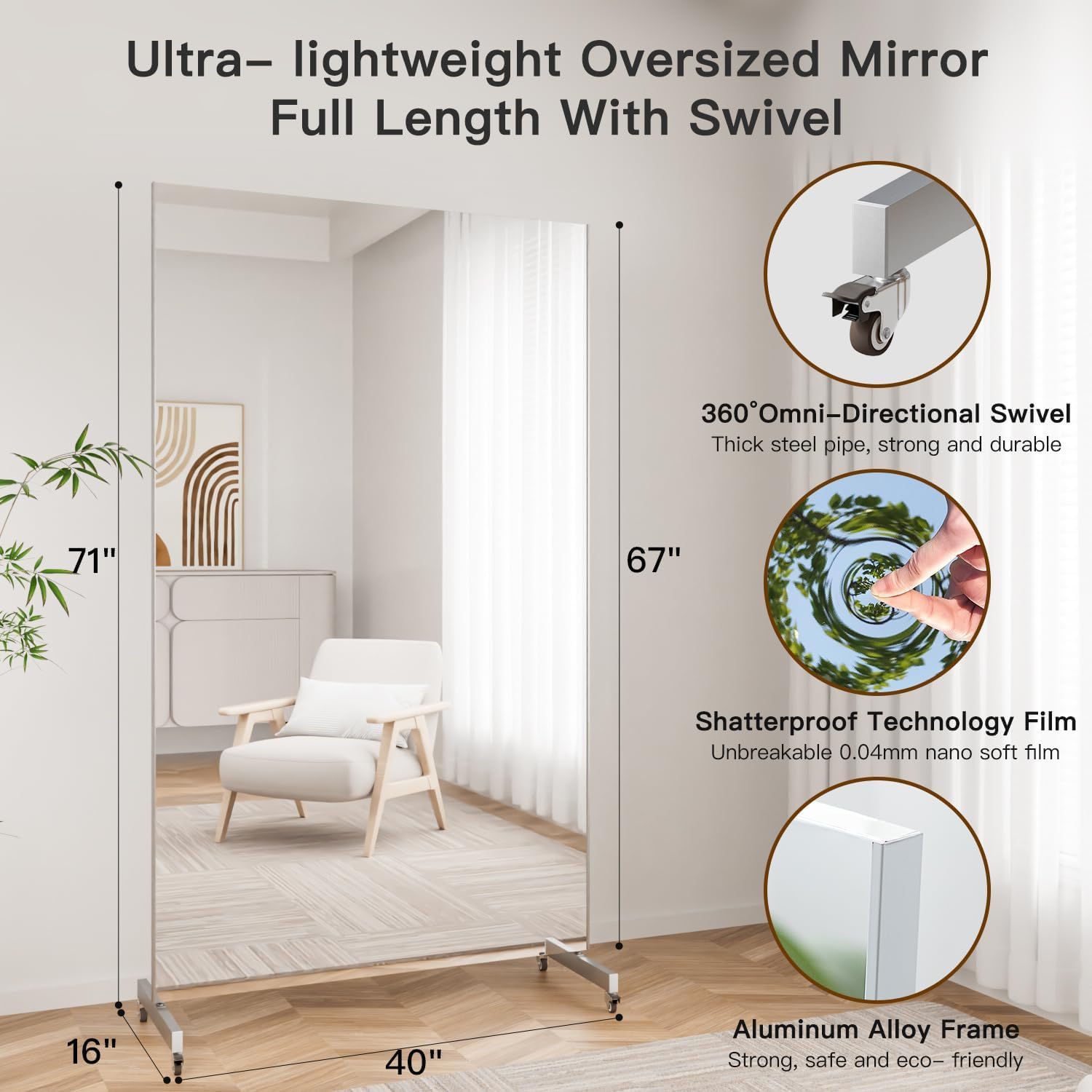 brisafe Ganzkörperspiegel 170x100cm, Spiegel Fitnessraum groß mit Rollen, 360° Drehbar Standspiegel Unzerbrechlich Spiegel Schwenkbar Tanzspiegel für Yoga Schlafzimmer Wohnzimmer Geschäft, Weiß