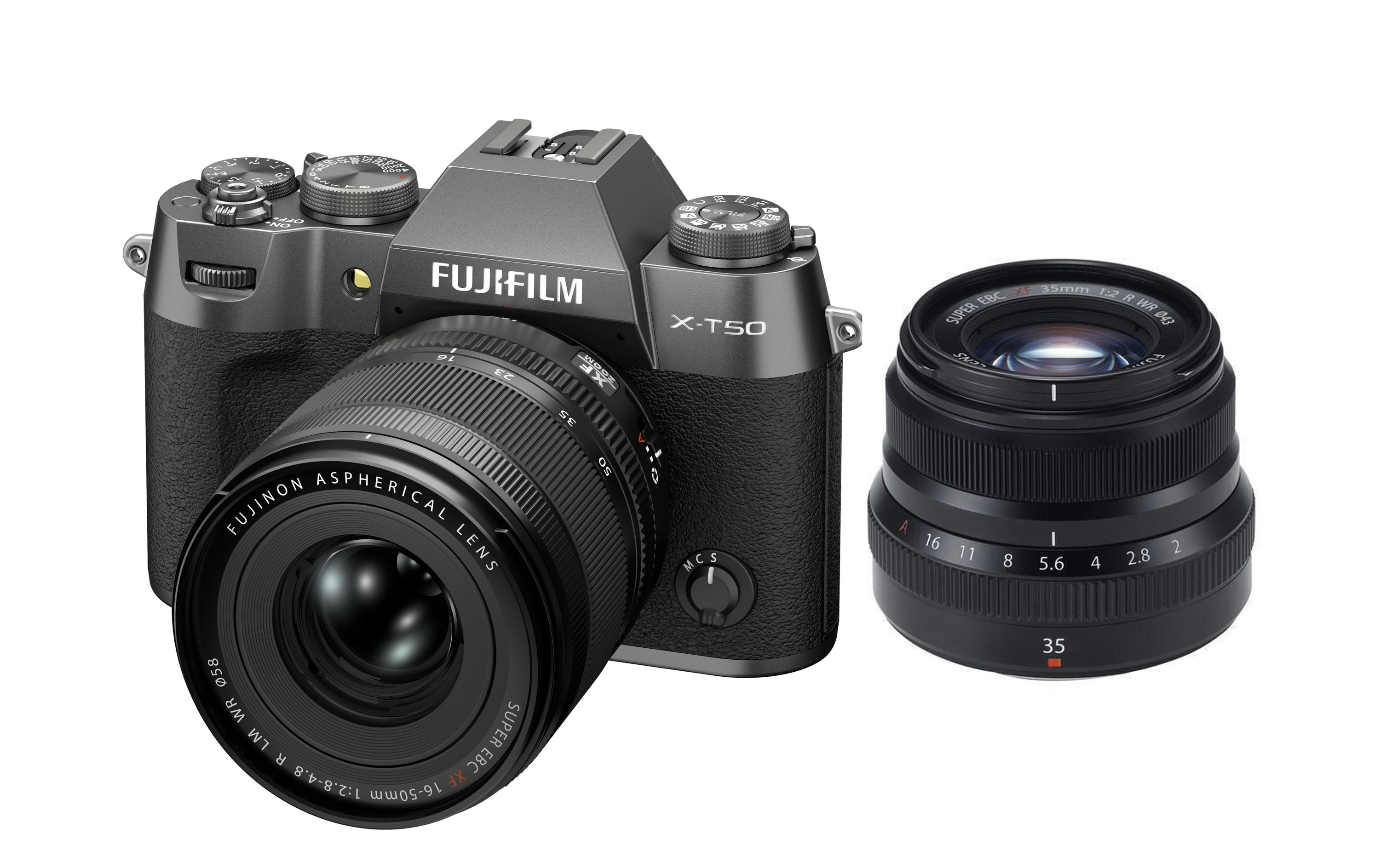 Fotokamera X-T50 Charcoal Kit XF 16-50mm + 35mm<br>Kompakte Systemkamera mit 40.2-Megapixel-Sensor, 6.2K-Video und Filmsimulations-Einstellrad