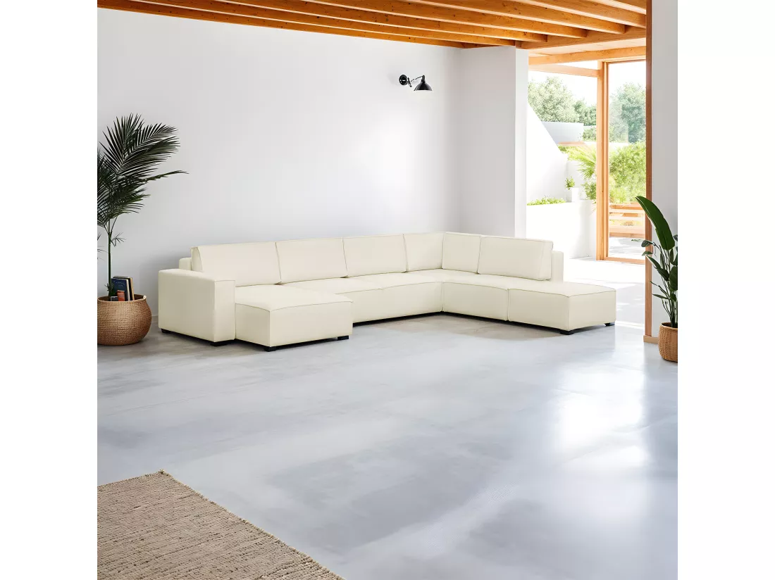 Canapé d'angle à droite panoramique convertible modulable 8 places avec pouf en tissu bouclé écru - Harper Mod