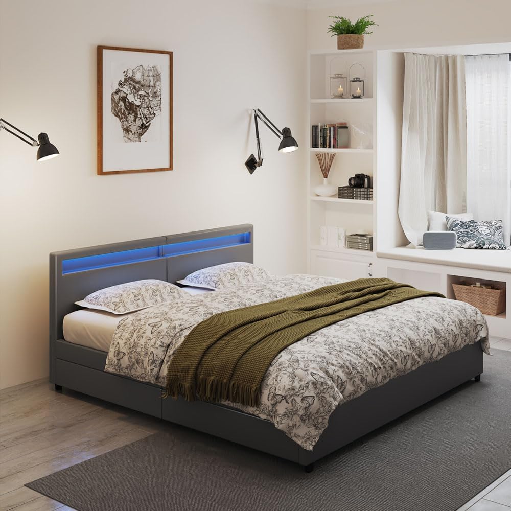 Home Deluxe - LED Bett NUBE - Dunkelgrau, 270 x 200 cm - inkl. Lattenrost und Schubladen I Polsterbett Design Bett inkl. Beleuchtung