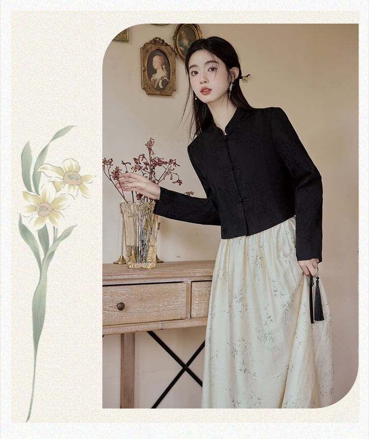 Cocaliso - Blouse met pofmouwen en bloemenprint en strik / Midi-lijn rok met hoge taille / Blazer / Set