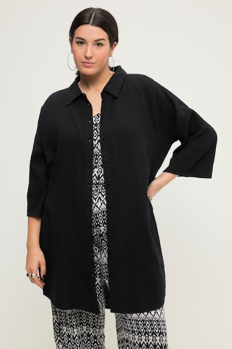 Long-Musselinhemd, oversized, Hemdkragen, Halbarm