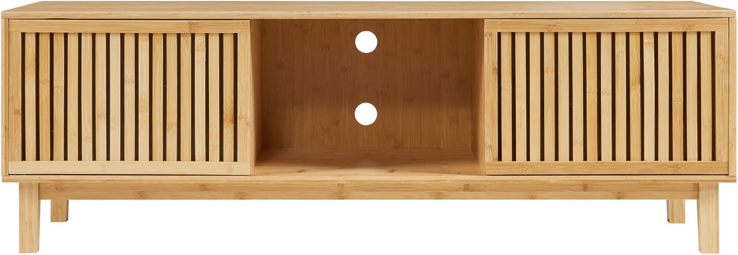 [en.casa] TV Schrank Ypäjä Lowboard mit 2 Schiebetüren und 3 Ablagefächern Fernsehschrank 150 x 42 x 50 cm TV Board TV Kommode Fernsehtisch Bambus Natur