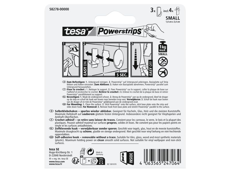 tesa Klebehaken Powerstrips S Eckig, Schwarz Selbstklebende Kunststoffhaken