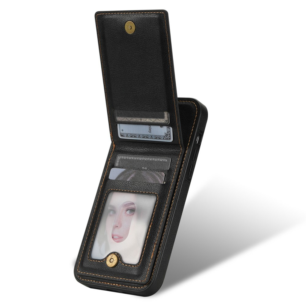 iPhone 14 Hybrid Leder Hardcase Hülle mit Kartenfächer mit Aufsteller (RFID Schutz) - Schwarz