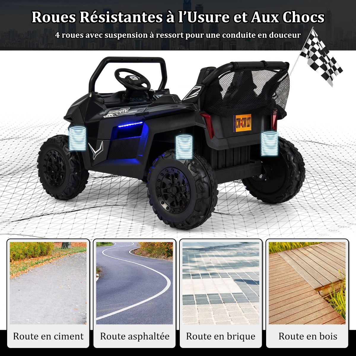 Voiture électrique Enfant 12 V Télécommande pour 3-8 Ans 2 Vitesses Ressort de Suspension Charge 59KG 118x74x71CM Noir/Rose/Rouge - Lidl-Manfred
