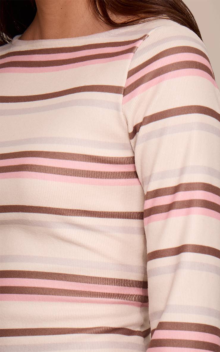 Rose Robe Courte Moulante À Manches Longues En Maille Brossée Côtelée Rayée