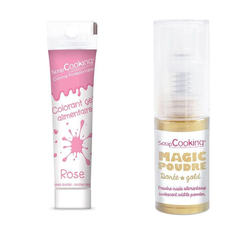 Gel colorant alimentaire rose + Poudre alimentaire irisée dorée Scrapc