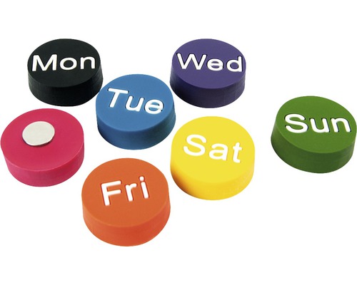 Decoratieve magneten, dagen van de week, set van 7, diverse kleuren