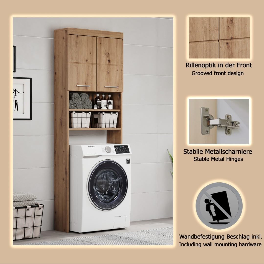 trendteam smart living - Amanda - Waschmaschinenüberbau - Asteiche - 2 offene Fächer + 3 Einlegeböden - (BxHxT) 63 x 187 x 24 cm - Kratzfest