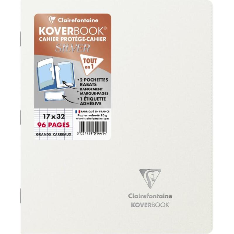 Cahier piqué Koverbook Silver 17x22 cm 96 pages grands carreaux couverture polypropylène opaque - Assortis