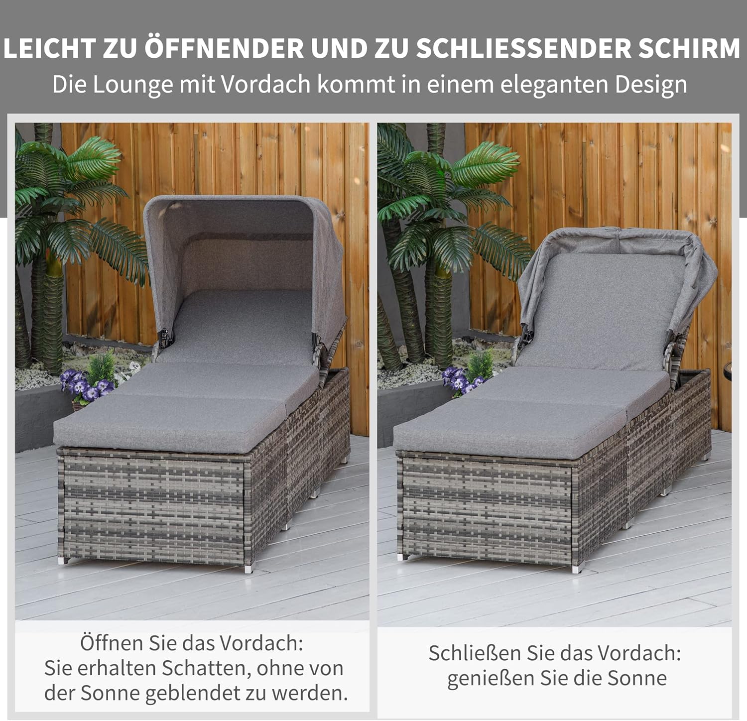Outsunny Sonnenliege aus Polyrattan mit Sonnendach Gartenliege verstellbar Rattanliege Gartenmöbel Liege mit Kissen Grau 195 x 65 x 40 cm