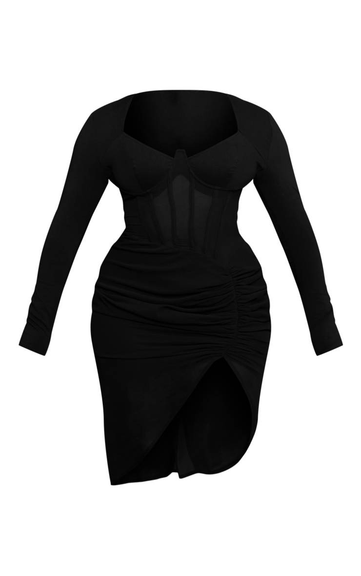 Noir Robe Midi Moulante En Velours À Détail Corset Et Manches Longues Avec Fronces Shape