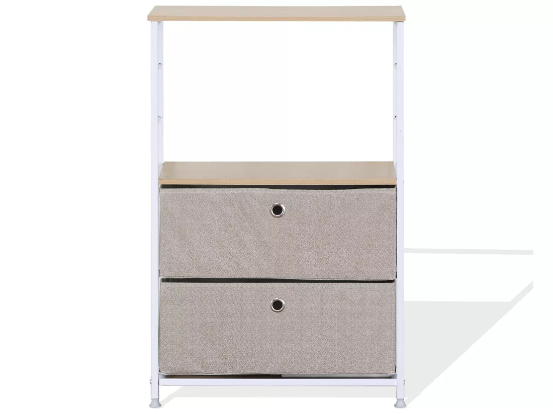 Meuble a tiroirs Bois Métal et Tissu Blanc Beige 1 étagère
