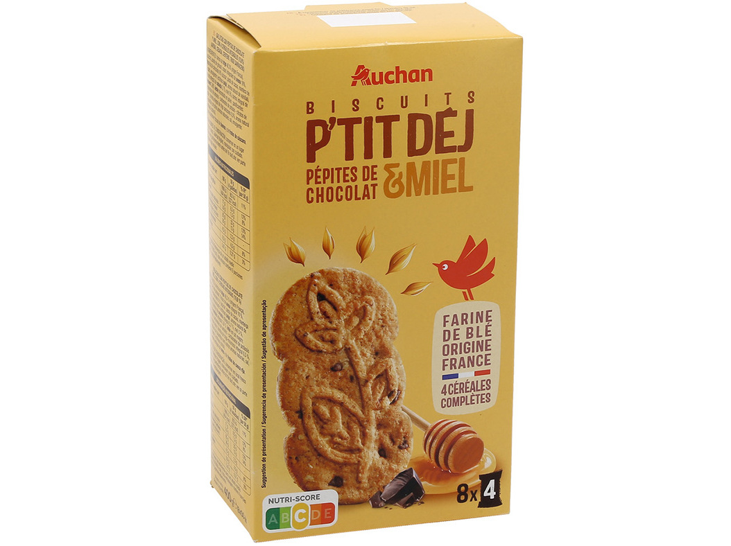 BOLACHA AUCHAN PEQUENO ALMOÇO MEL COM PEPITAS CHOCOLATE 400G