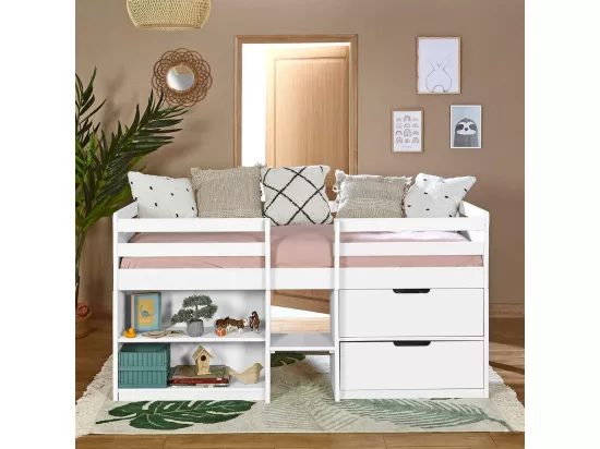 Lit mi-hauteur 90x190 cm bois massif blanc HOBY