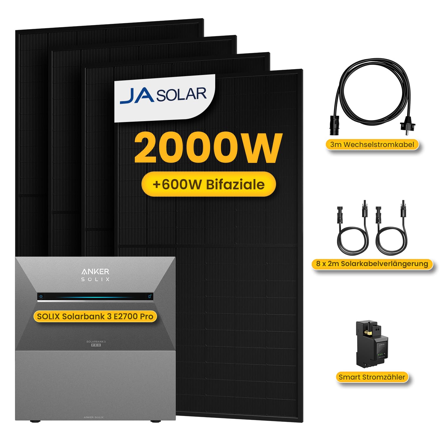 All in One 2000W Balkonkraftwerk mit Speicher 5376Wh, Anker Solix Solarbank 3 E2700 Pro mit BP2700, Smarten Zähler&Zubehör Komplettset, 4×500W Jasolar Solarmodule, Plug&Play (0% MwSt)