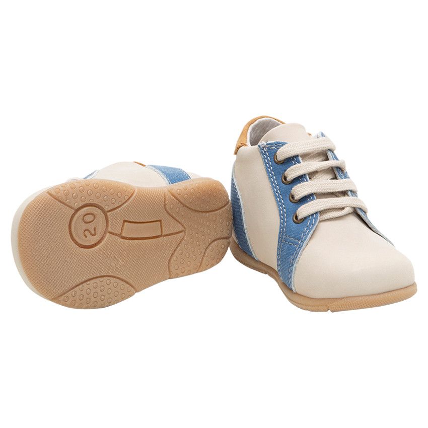 Bottillons à lacets en cuir avec empiècements effet jeans - Ecru
