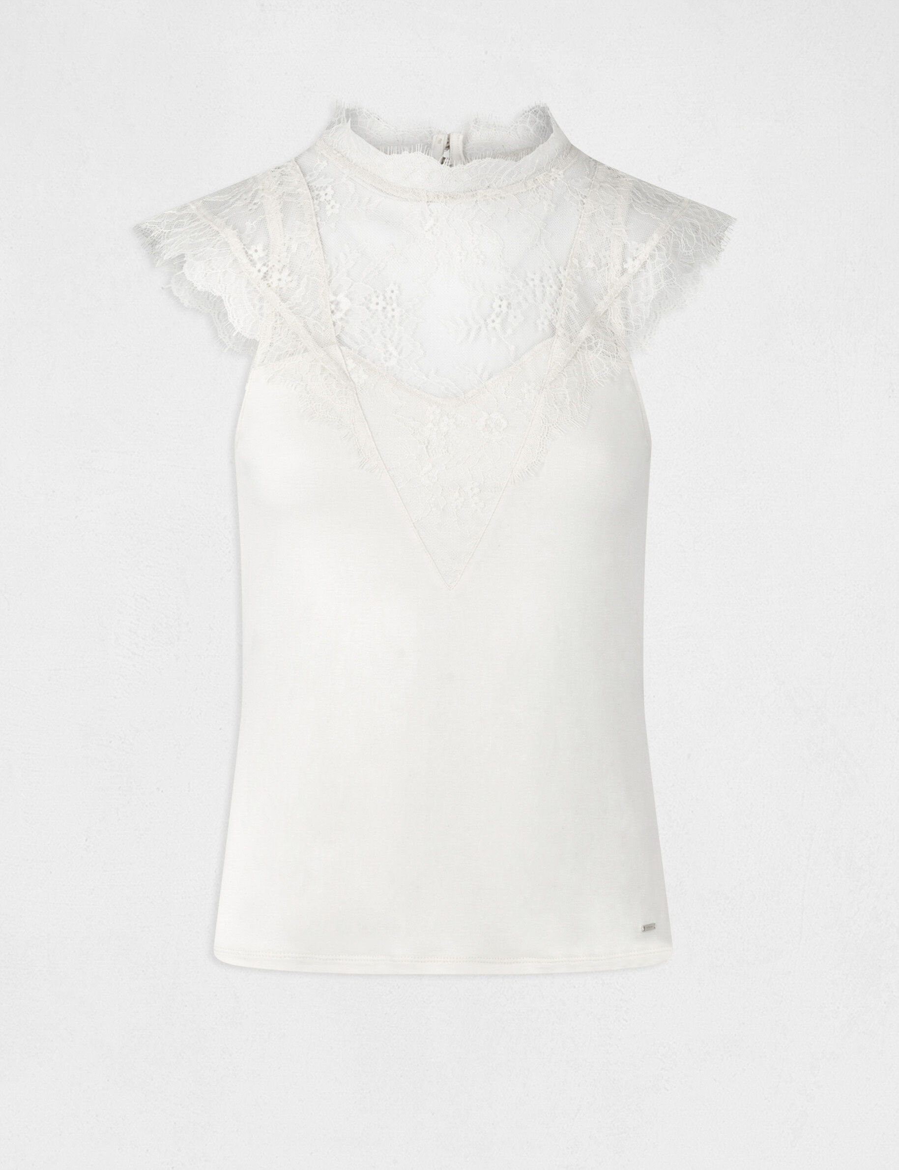 T-shirt manches courtes à dentelle ecru moyen femme - ecru_moyen