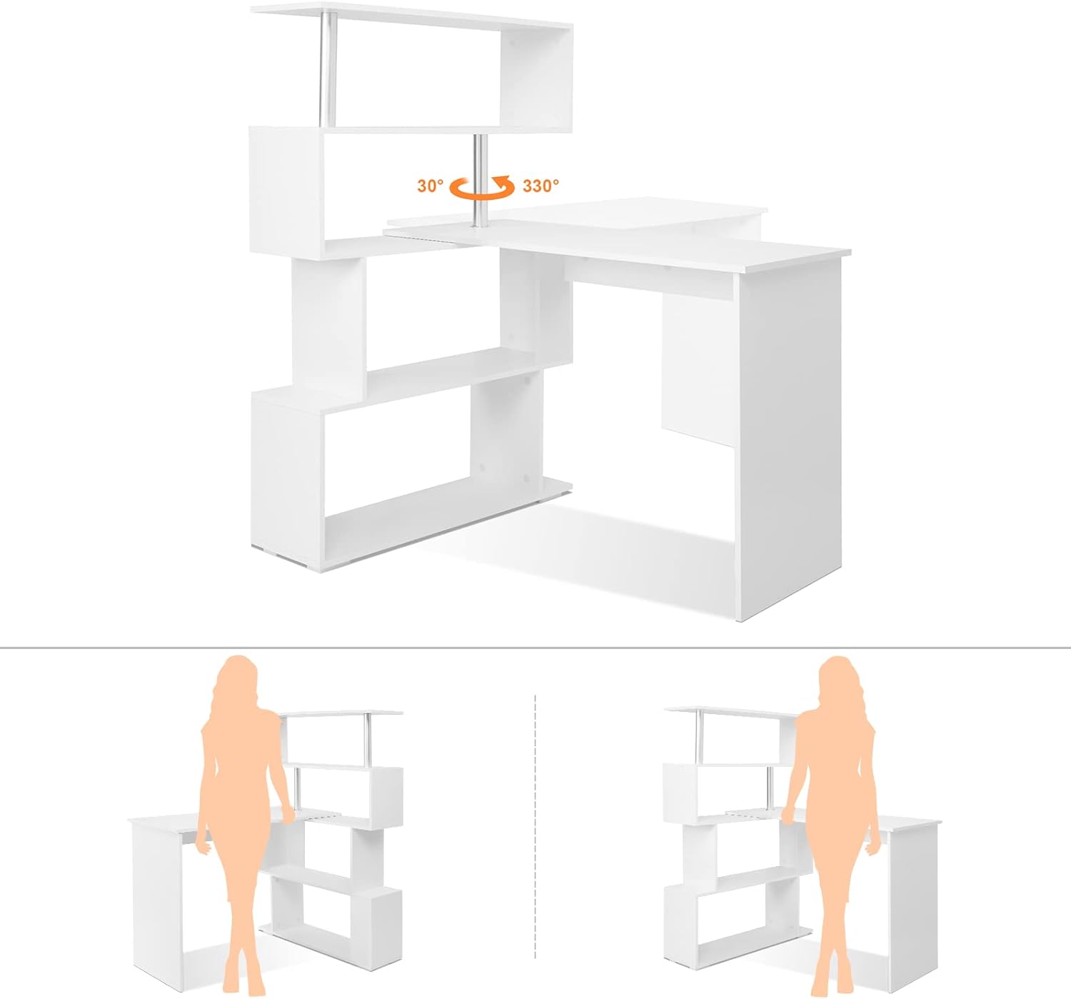 Mondeer Computertisch L-Förmig, Eckschreibtisch, mit 360 Grad Drehbarem Bücherregal für Arbeitszimmer Wohnzimmer Büro 157 x 45 x 130,5 cm, Weiß