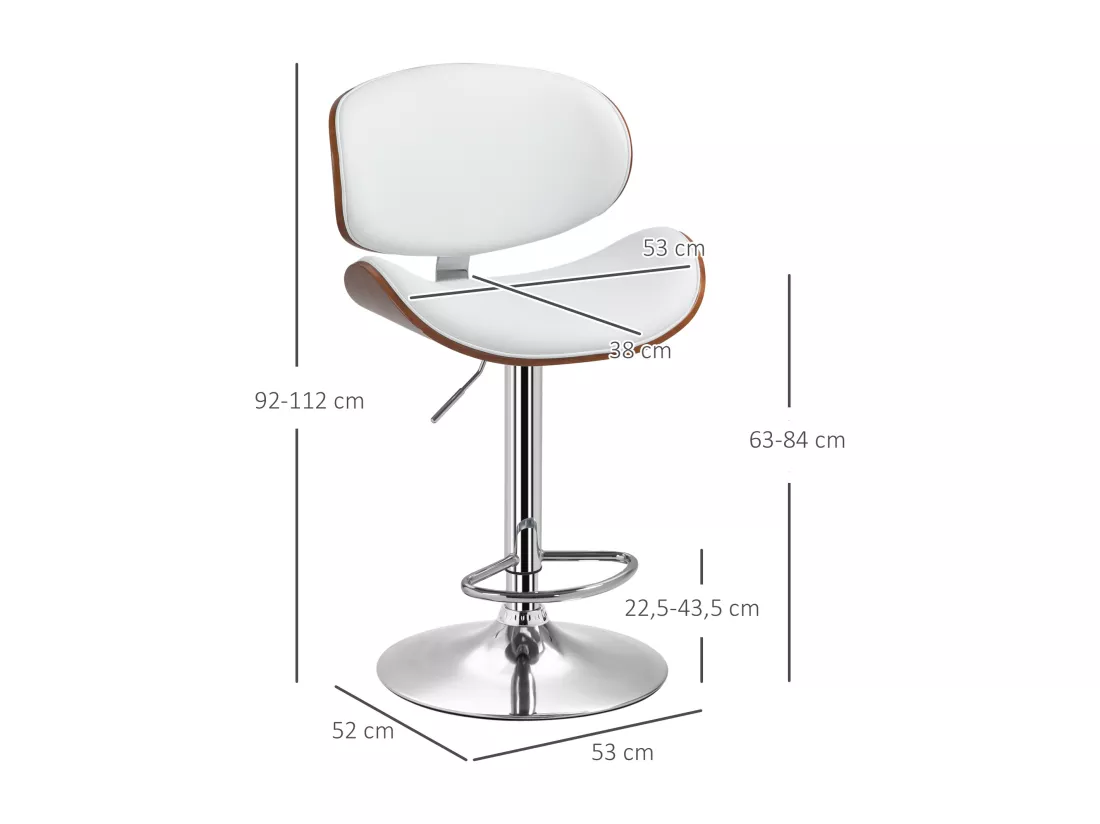 Lot de 2 tabourets de bar design contemporain hauteur d'assise réglable 62-82 cm pivotant 360° bois revêtement synthétique blanc