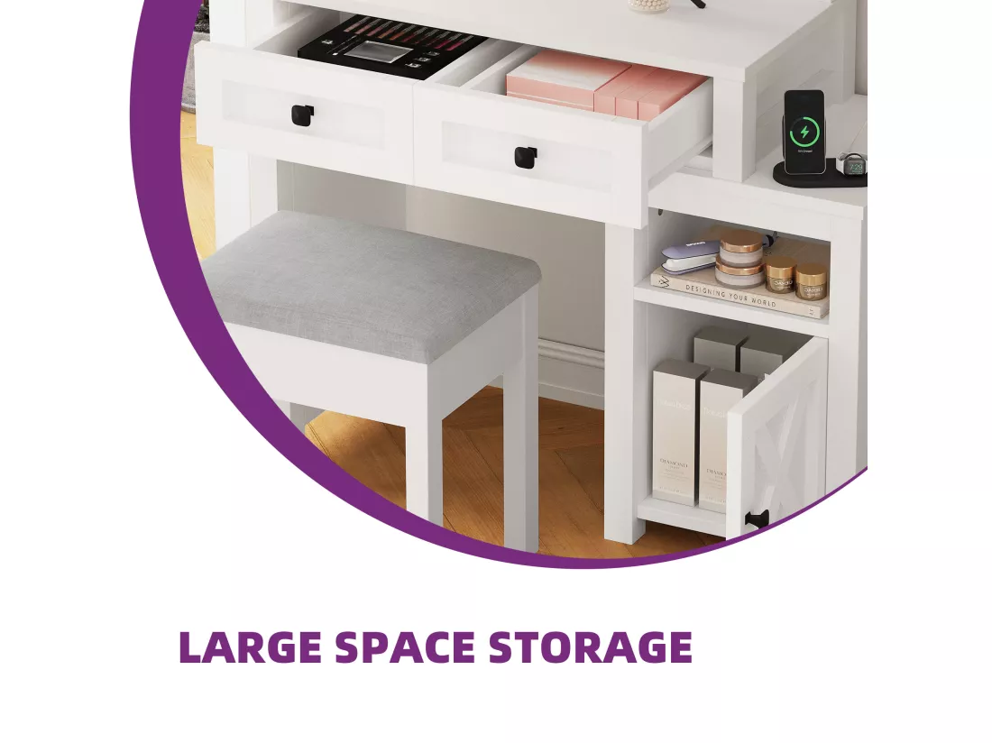 YITAHOME Coiffeuse avec Miroir LED Réglable et Prises de Courant - 2 Tiroirs et 6 Étagères Ouvertes - Blanc - 80 x 39.5 x 137cm