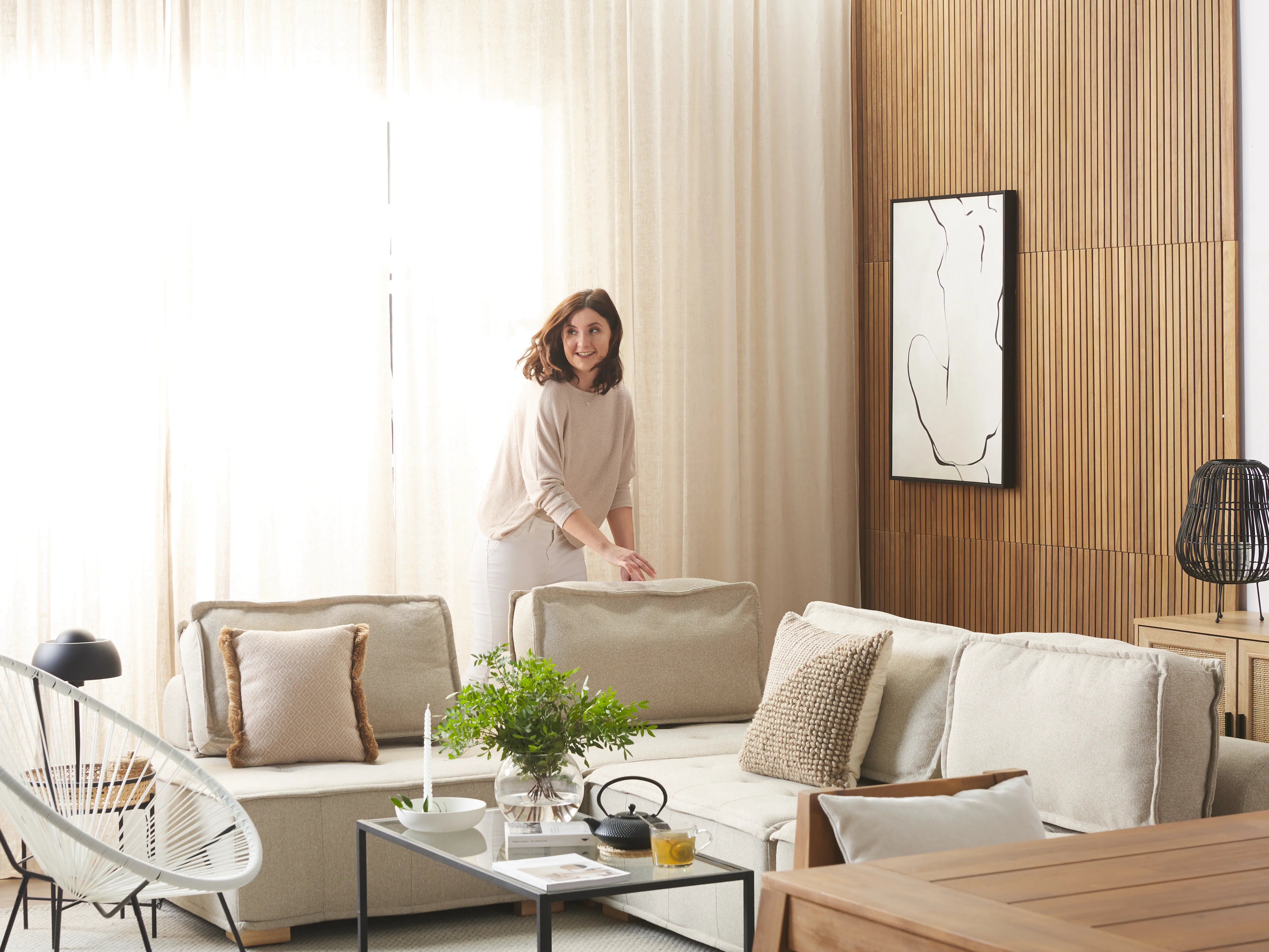 Modulaire hoekbank 4-zits TIBRO Stof Lichtbeige rechtszijdig