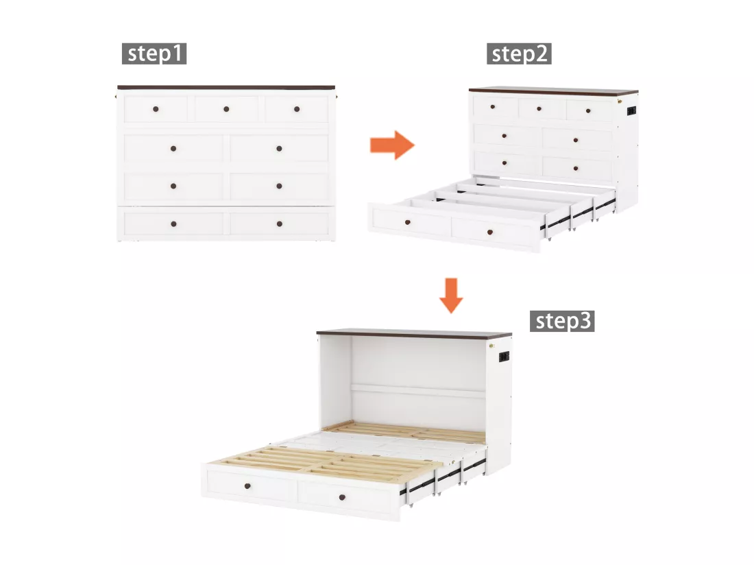Lit escamotable 140 x 200 cm avec 2 tiroirs et étagère en tête de lit - Bois de pin et MDF - Prise USB - Blanc