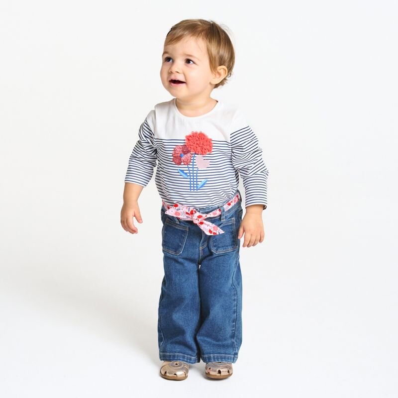 Pantalon large en jean ceinture fleurie denim bleu bébé fille Bleu