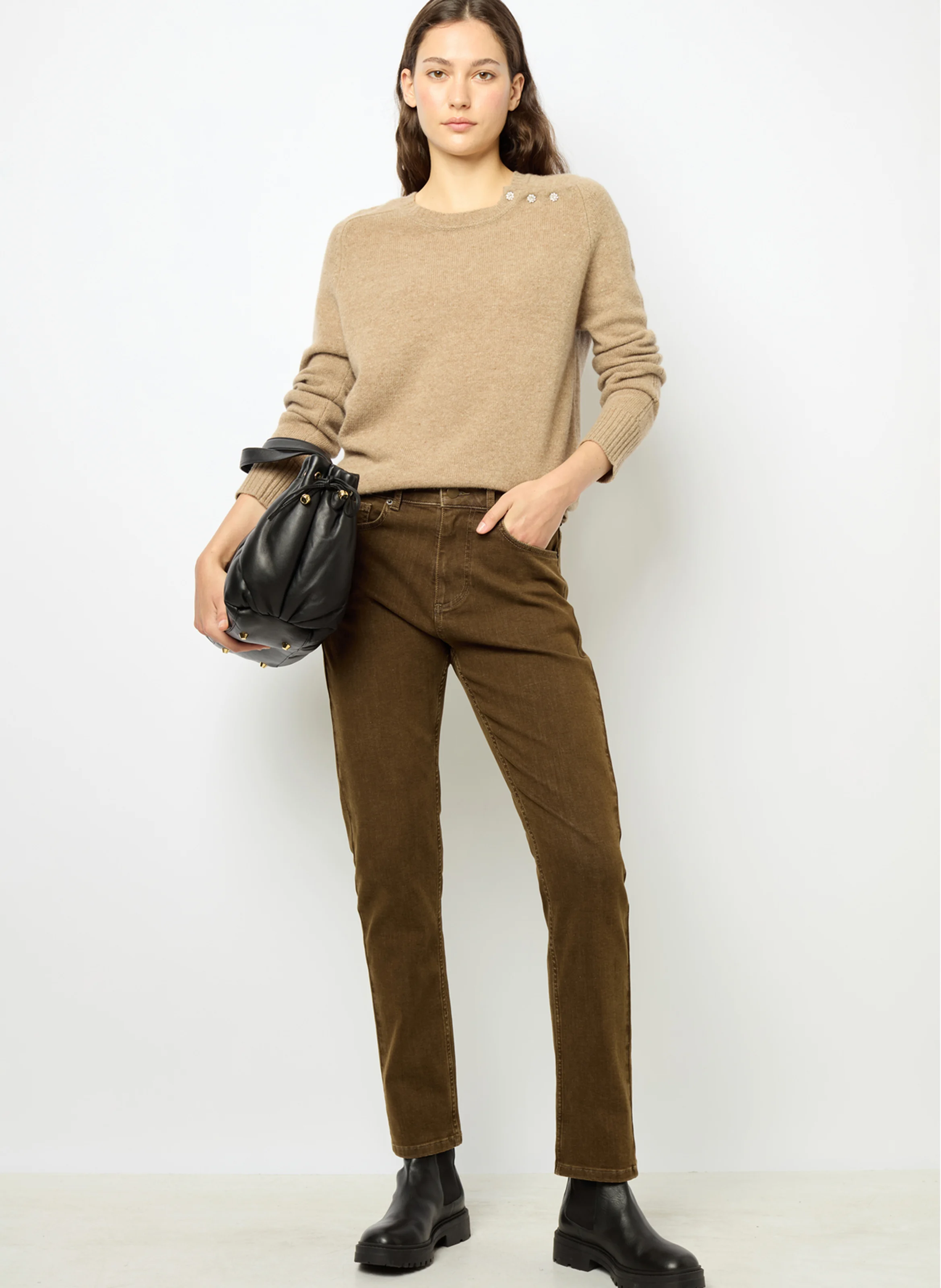 JOLENE - Pull col rond en laine mélangée| Beige
