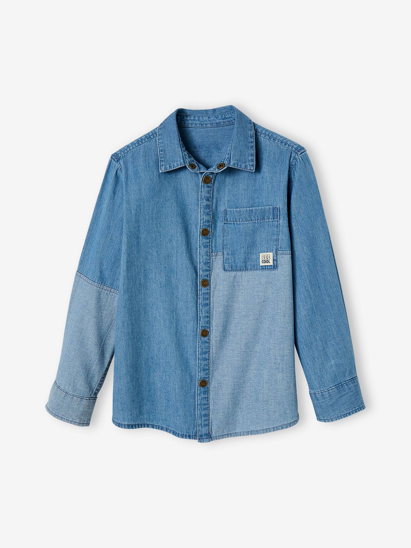 Camisa jeans com peças contrastantes para meninos (cor pedra)