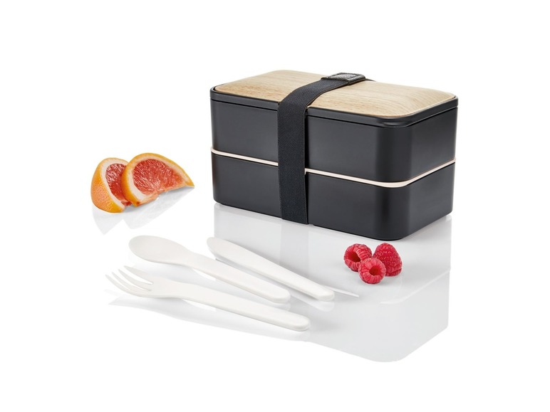 Lunchtrommel, 2 compartimenten, incl. 3-delig bestek