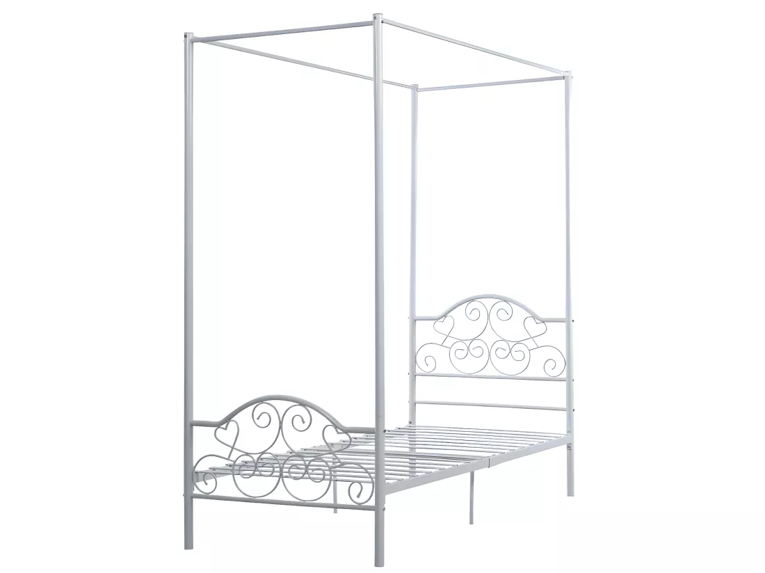 Lit à baldaquin LEYNA - 90 x 190 cm - Métal - Blanc + matelas