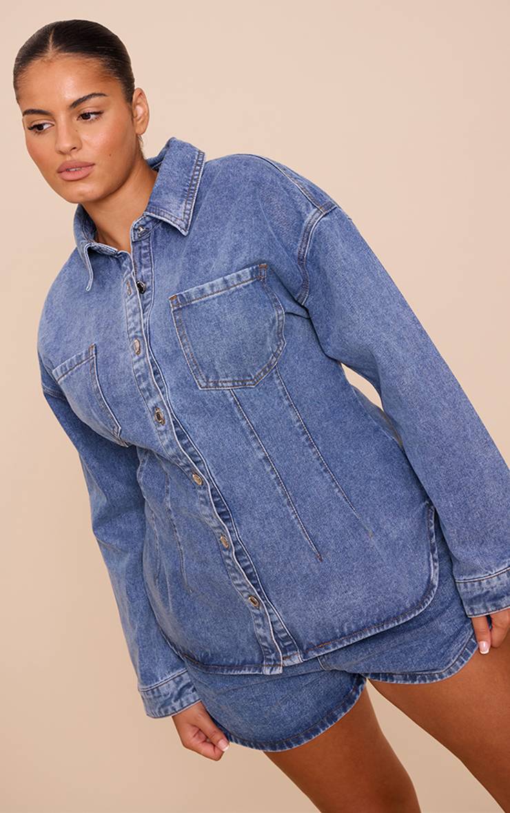 Mid Blue Wash Short En Jean Taille Mi-haute Grande Taille