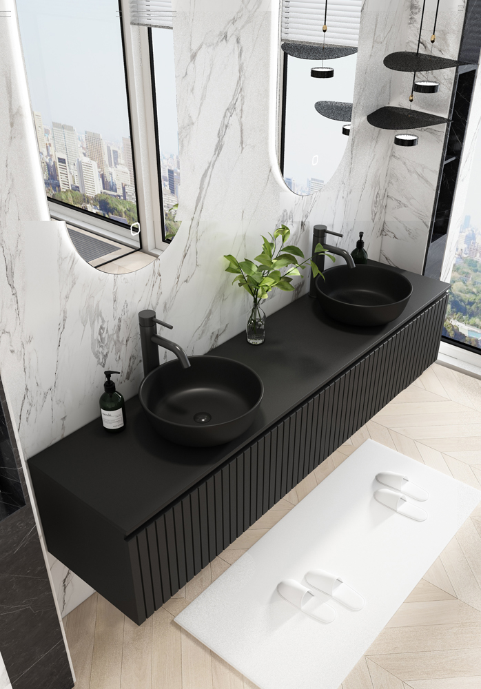 Fontana Stripe zwart badmeubel ribbelfront 200cm met zwarte waskommen