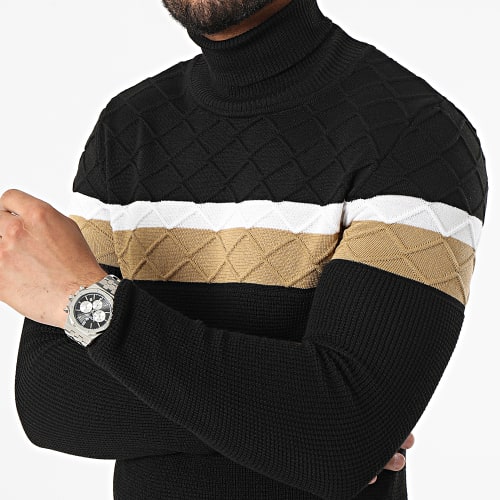 Pull Col Roulé Tricolore 0201 Noir Blanc Camel