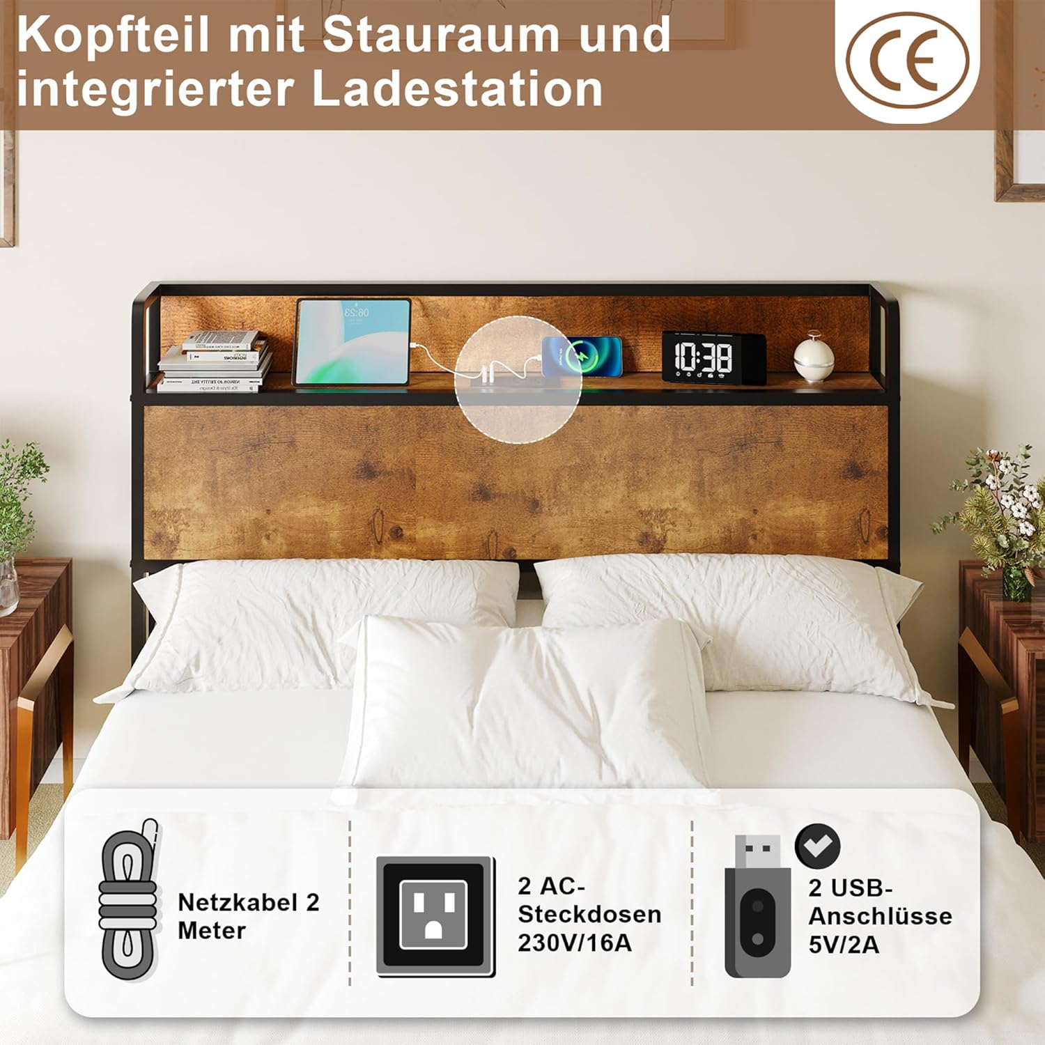 Bett mit Stauraum und Hebemechanismus, Plattformbett mit Kopfteil aus Holz, Staufächern und Ladestation, Ohne Matratze (Braun, 140x200cm)