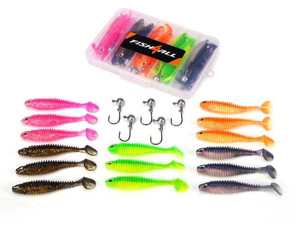 Boîte Leurre Souple Nervuré & Tête Plombée Fish4all (20 pièces)