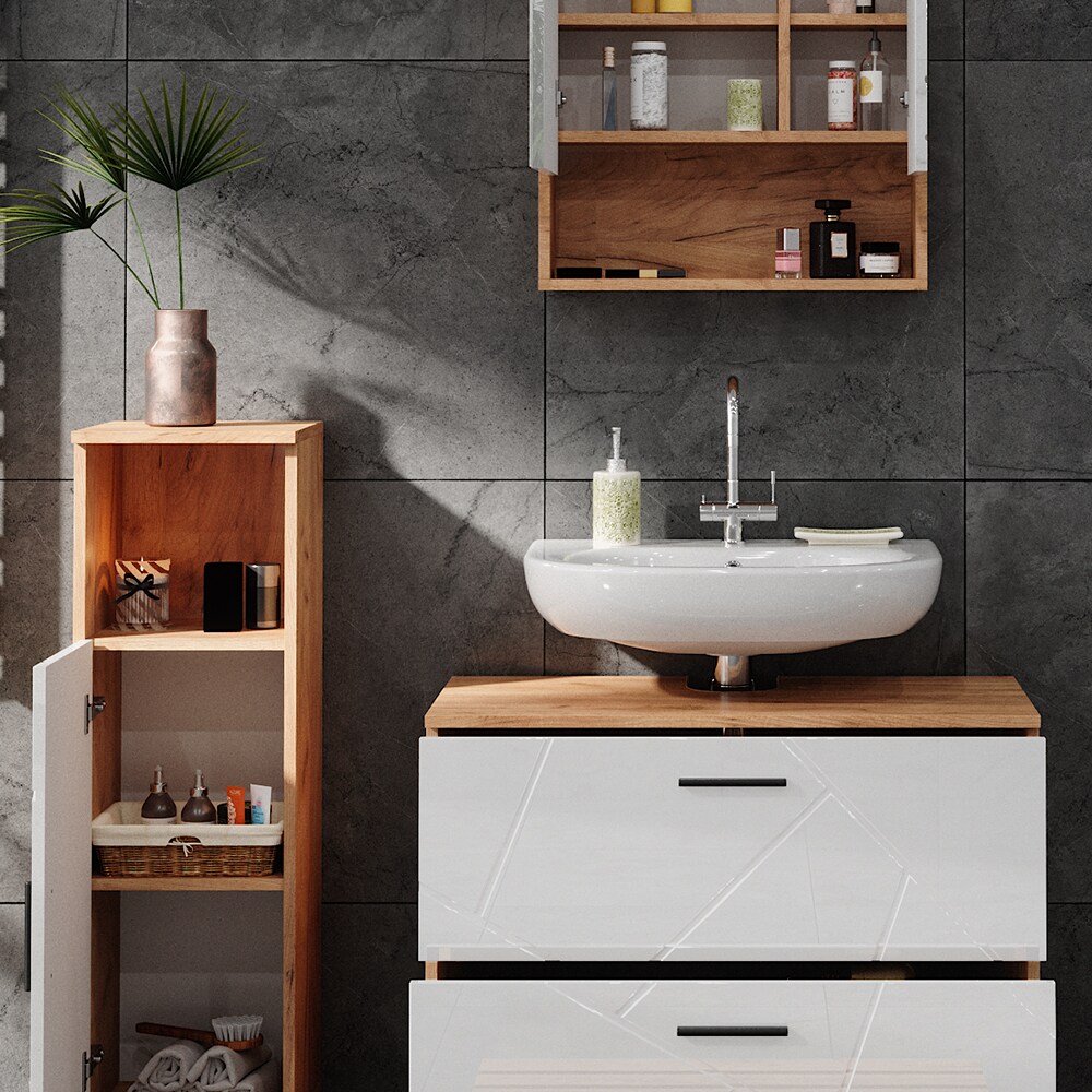 Vicco Badmöbelset Irma Eiche Weiß Hochglanz modern Badezimmerschrank Badschrank Badezimmermöbel Waschtischunterschrank Spiegelschrank Midischrank Schrankschublade Schranktür Schrankfach