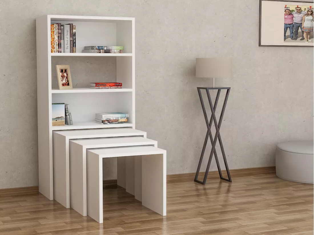 Bibliothèque Mélo à 3 étagères avec Tables Gigognes Incluses (Blanc)