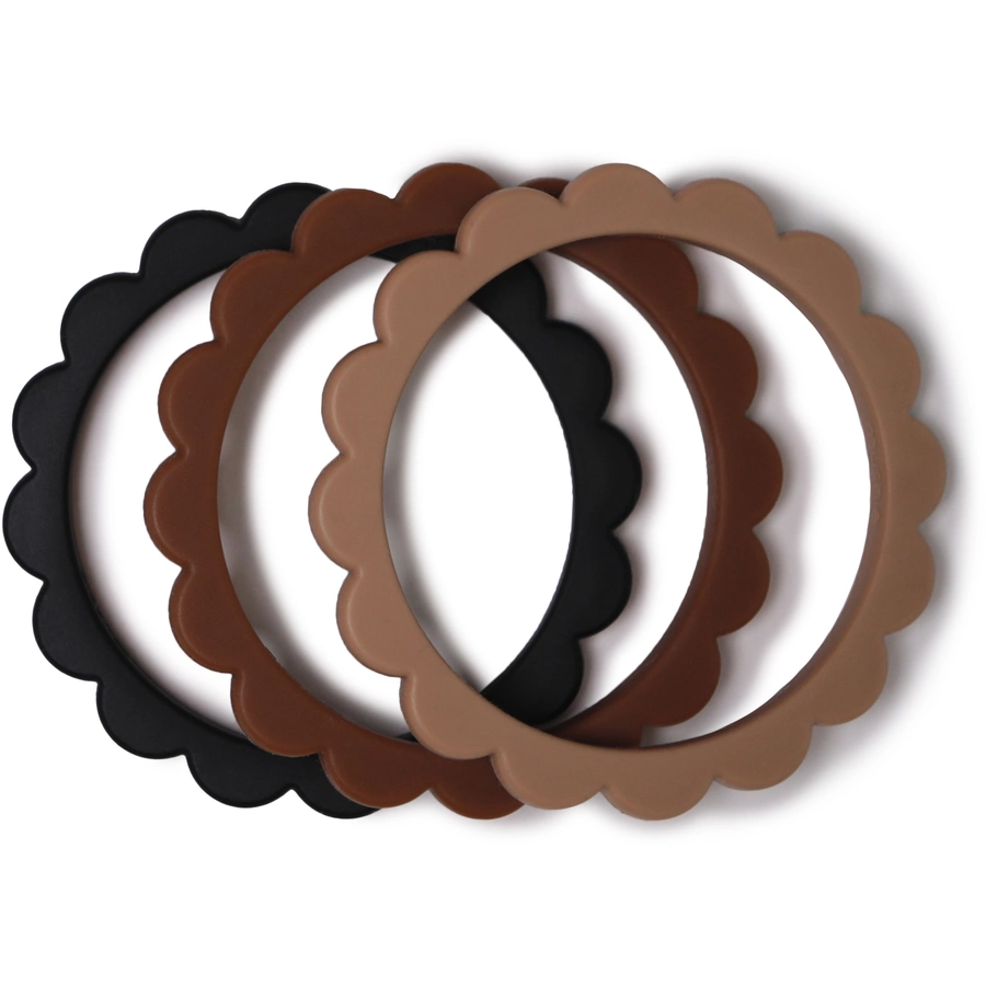 mushie Beißring Blumen-Armband, BlackNaturalCaramel, 3 Stück