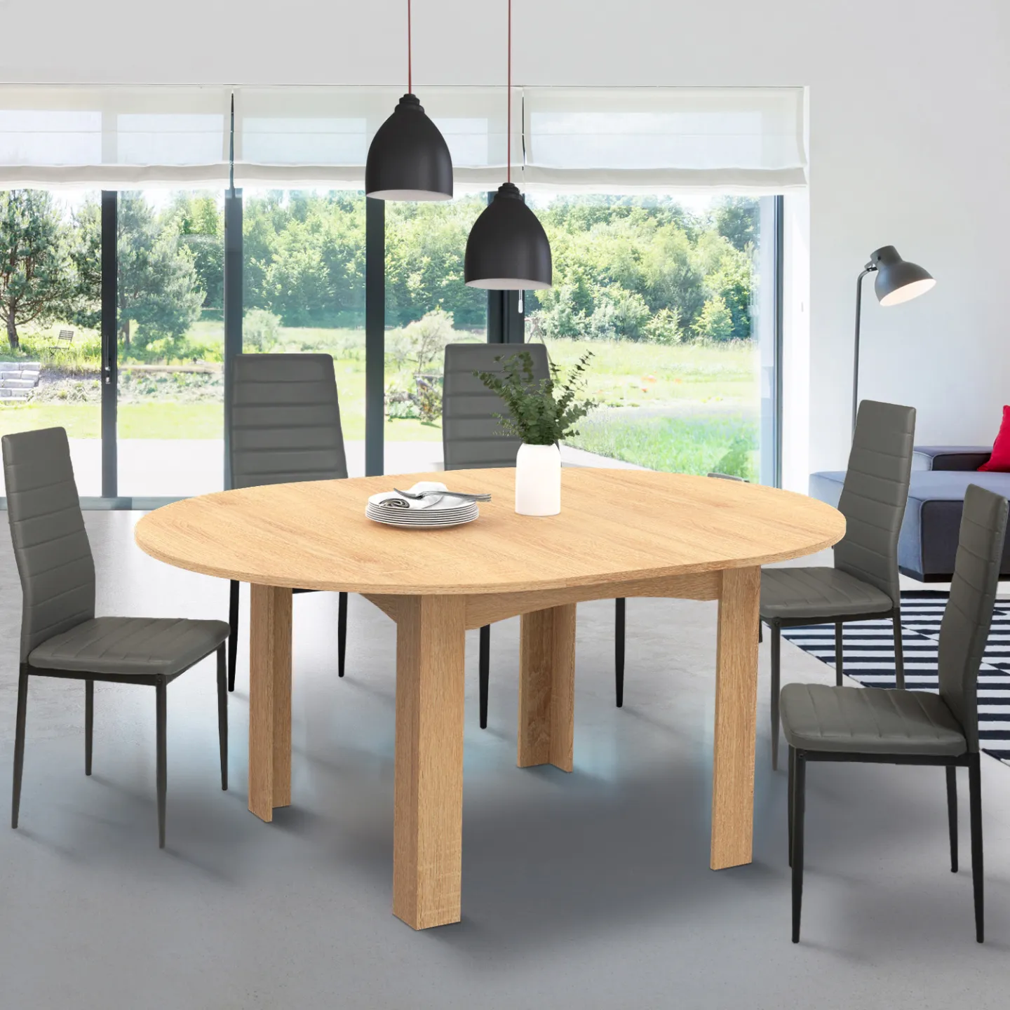 Table à manger extensible ronde DONA 4-8 personnes façon hêtre 110-150 cm