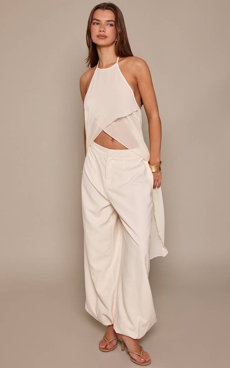 Crème Pantalon Jambe Revers Finition Peau De Pêche