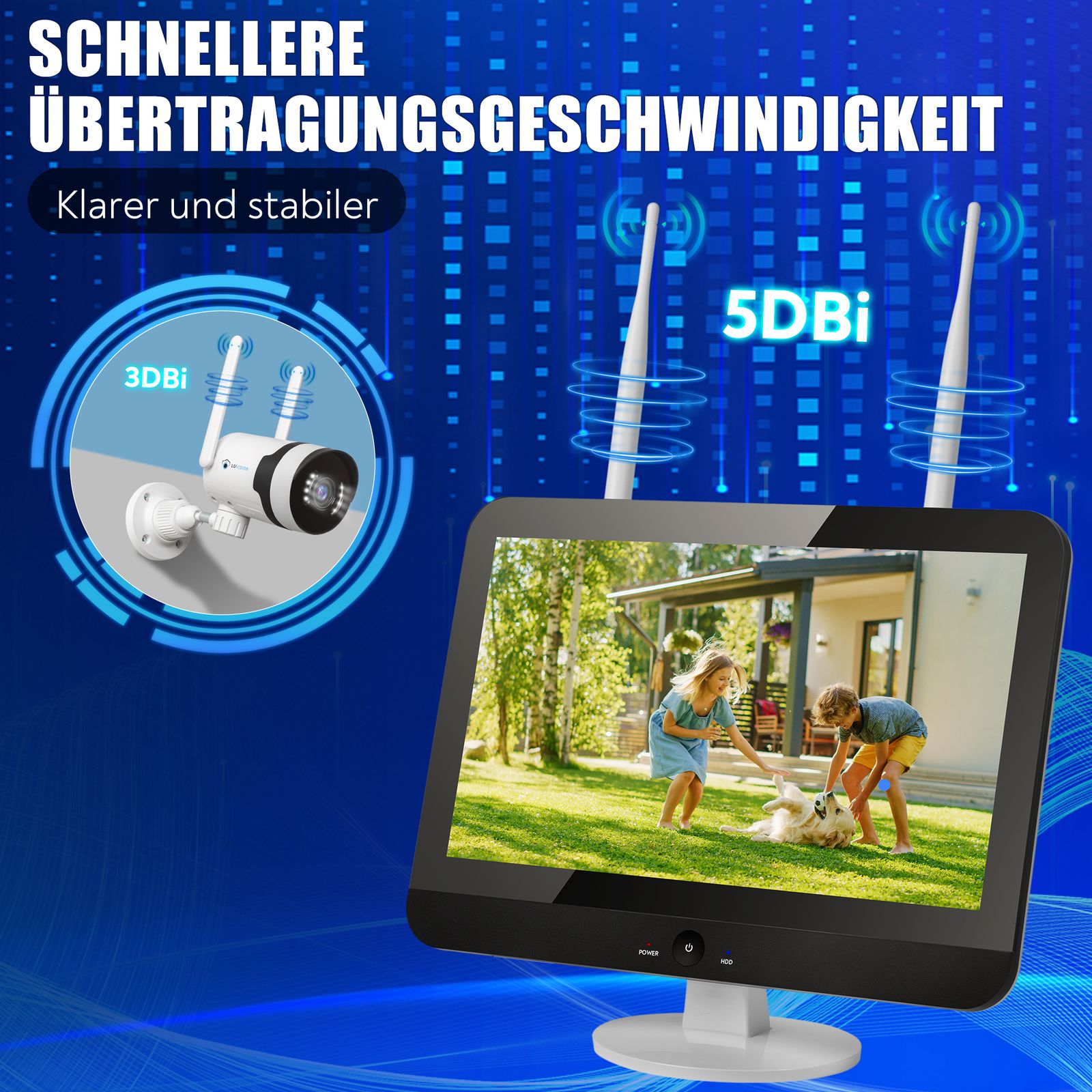 LUVISION Dual WLAN PTZ Überwachungssystem mit Monitor 5MP, Mikrofon, Sirene, Nachtsicht, Bewegungsverfolgung