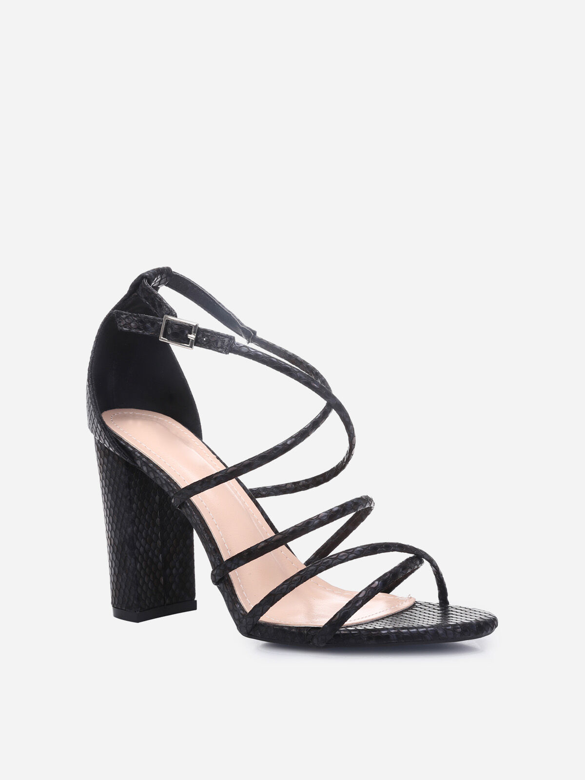 Sandales à talon carré façon python- Noir