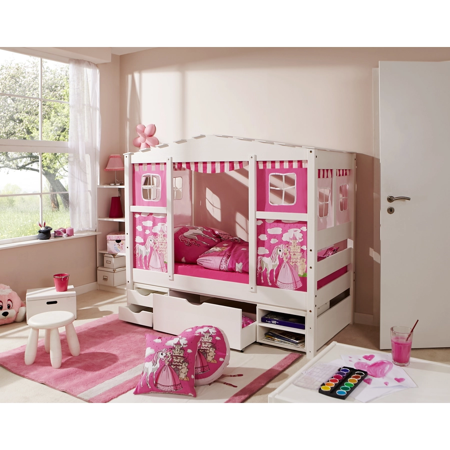 TiCAA Hausbett Mini mit 3 Schubladen Prinzessin Rosa