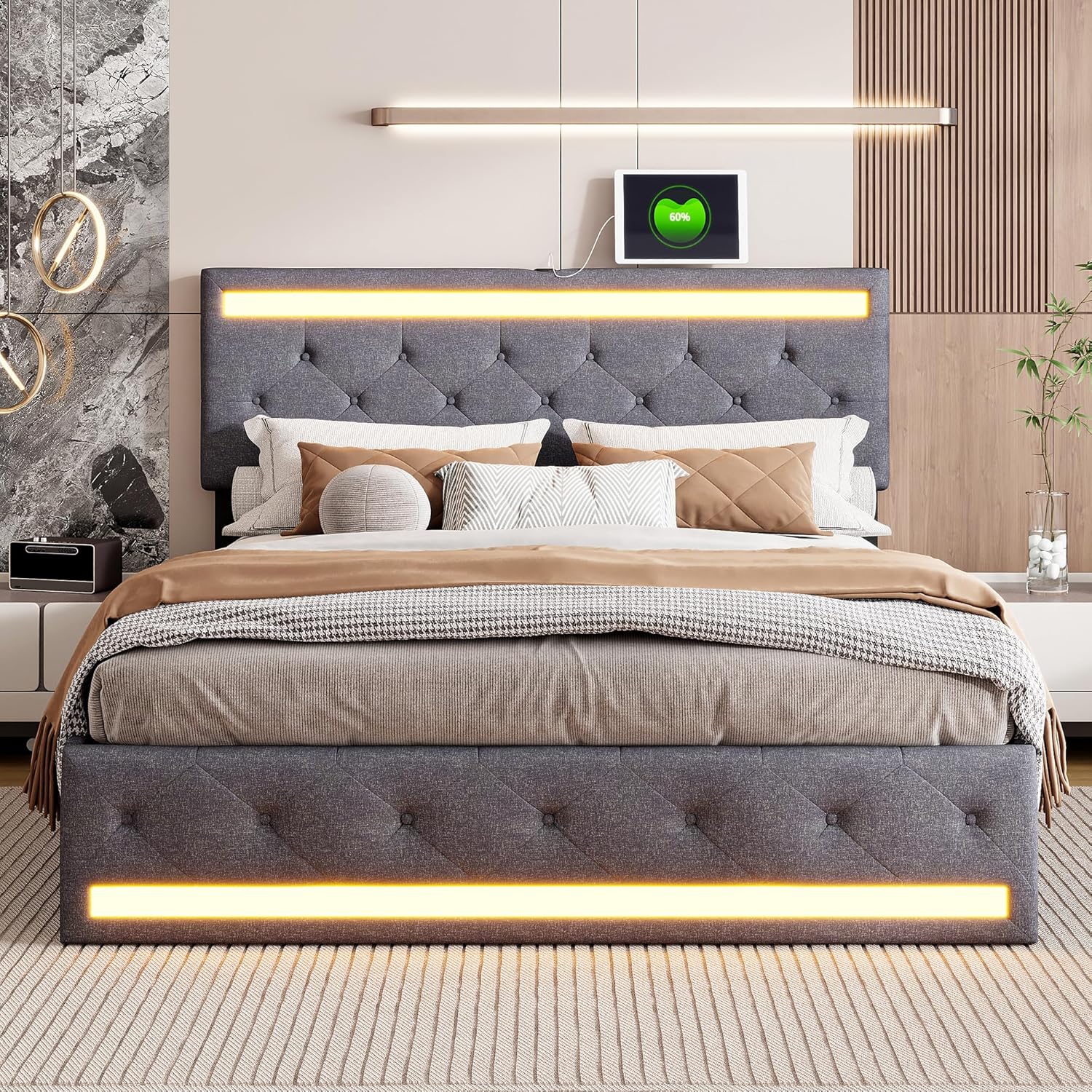 Polsterbett Doppelbett 180x200 cm, Stauraumbett mit 4 Schubladen, Bett 180x200 mit Bettkasten und Lattenrost, LED Kopfteil mit USB Ladestation, Jugendbett Funktionsbett Rückenlehne Bett, Leinen