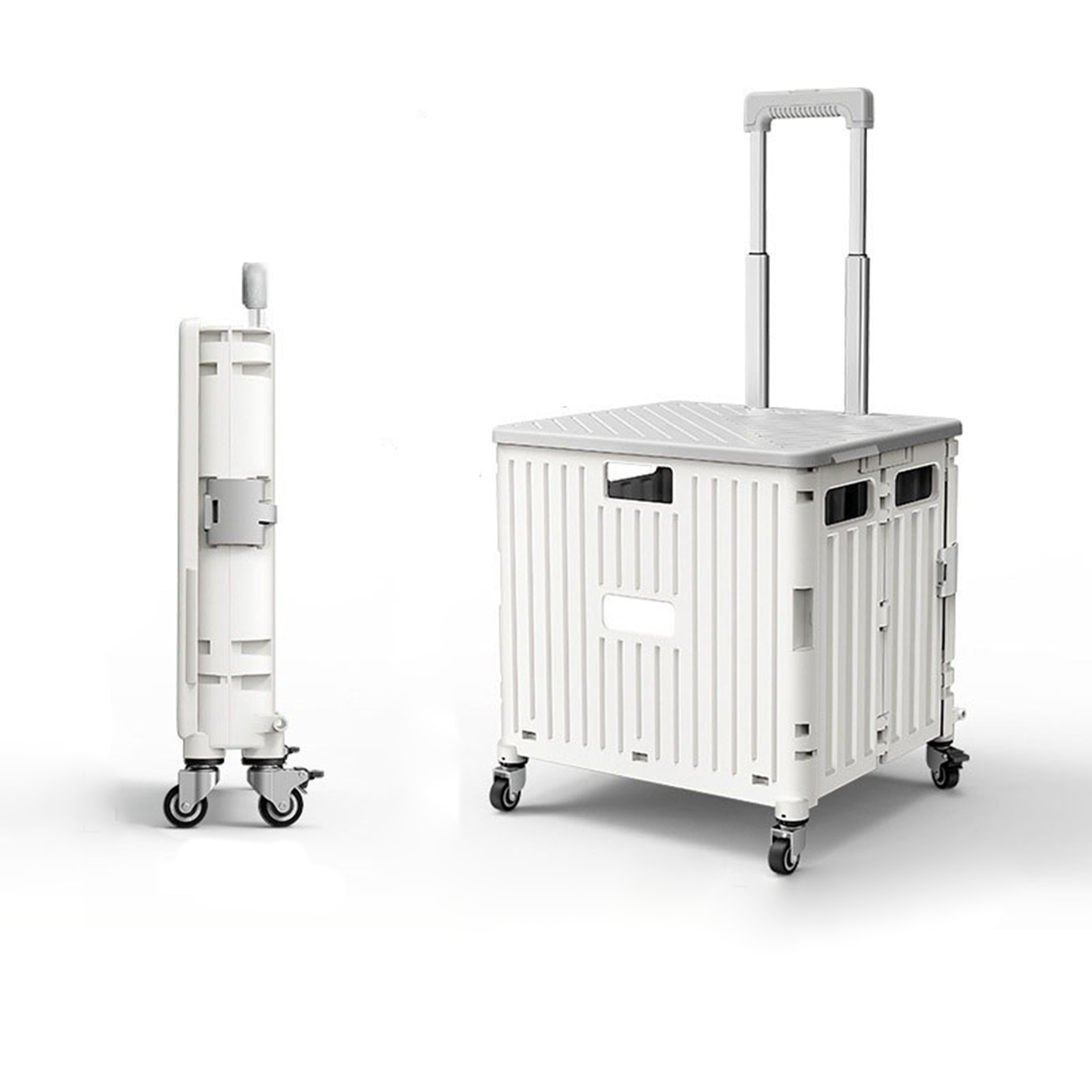 (38x32cm) Klappbarer Einkaufs Trolley Transportbox Shopping Kiste Umzugswagen mit Rädern / Teleskop Griff - Weiss