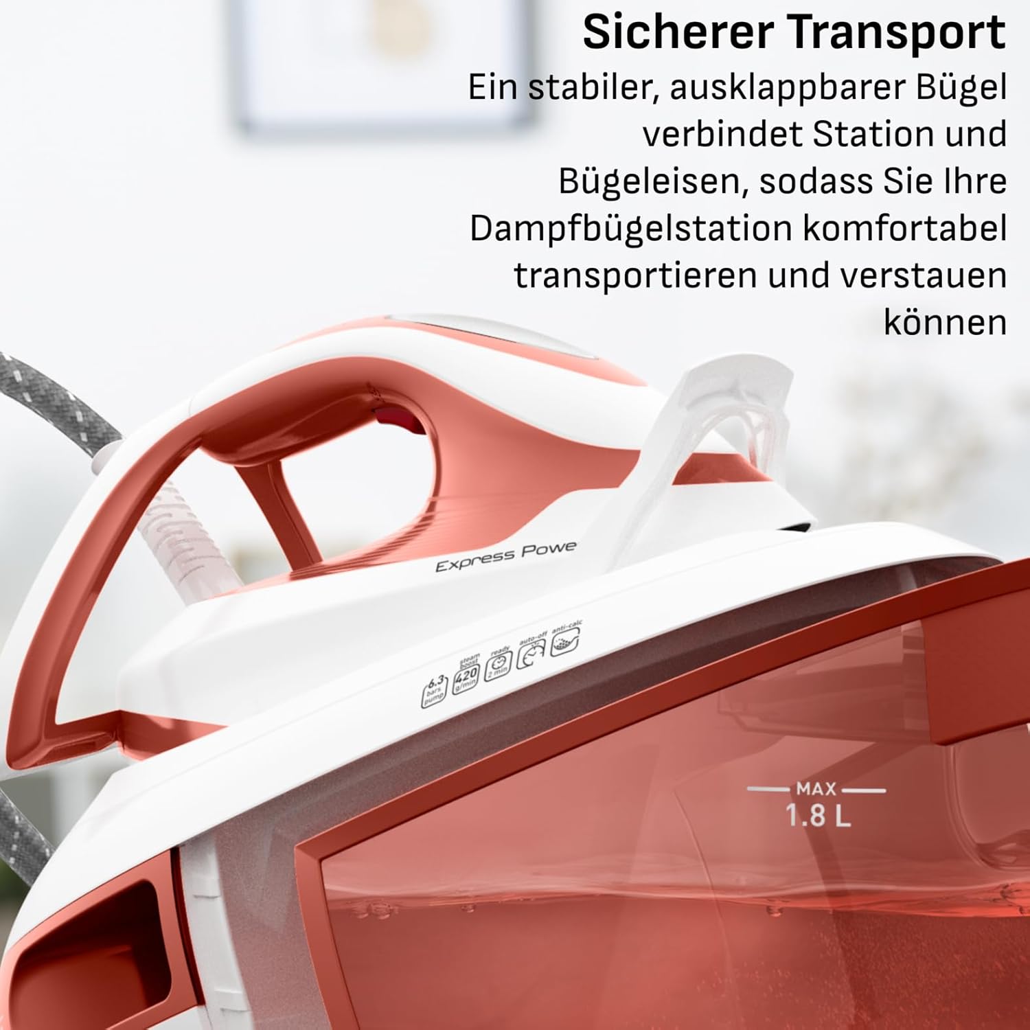 Tefal Express Power Dampfbügelstation, Kalk-Kollektor, Smart Temp-Technologie, 420 g/Min. Dampfstoß, 6,3-Bar-Druck, Eco-Modus, 1,8 L Wassertank, Bügeleisen mit Dampfstation, terrakotta, SV8110