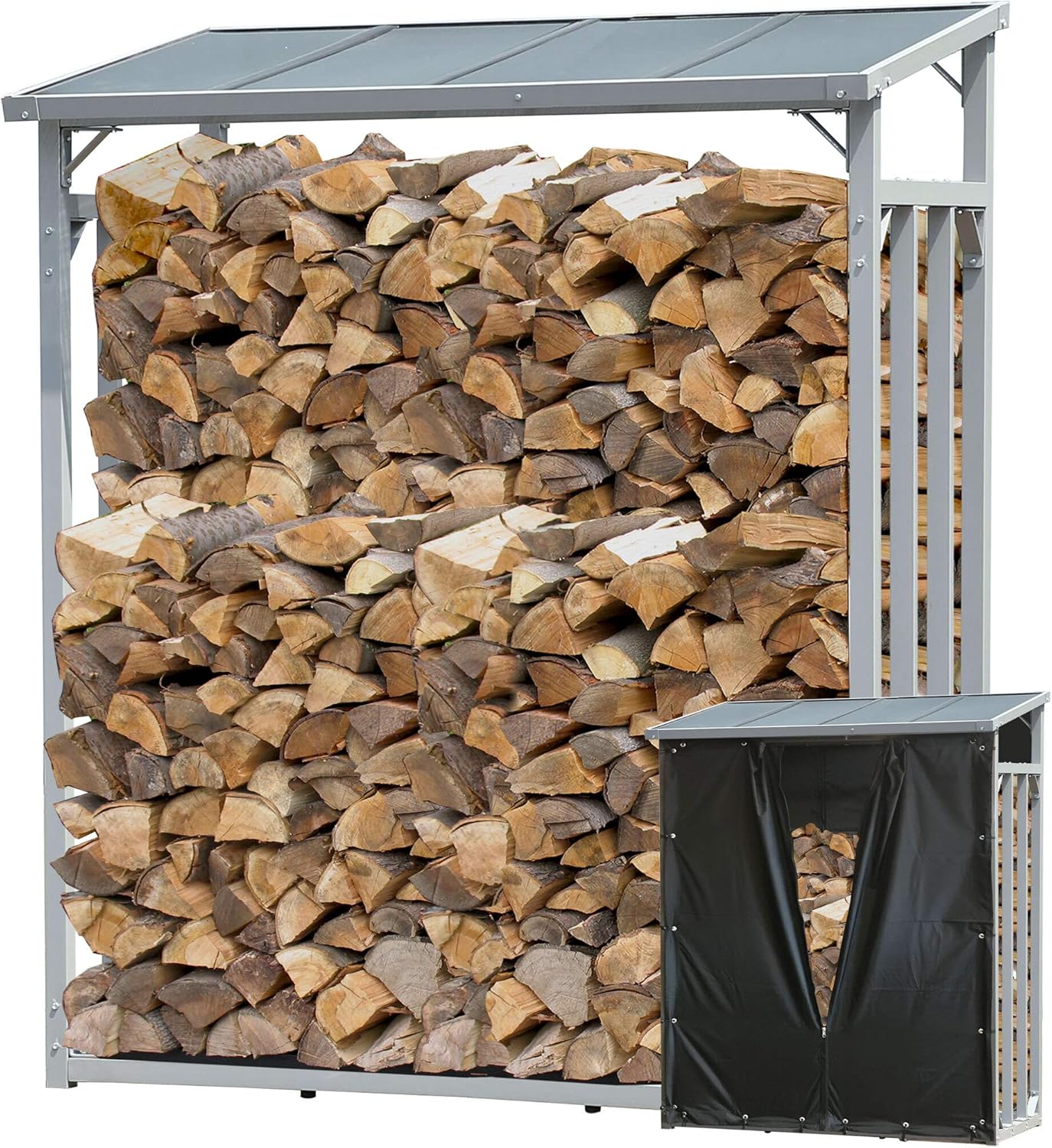 QUICK STAR Aluminium Kaminholzregal 130 x 70 x 185 cm mit Wetterschutz Garten Kaminholzunterstand 1,6 m³ Kaminholzlager Stapelhilfe Aussen, Grau-transparent